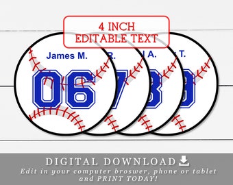 4" Baseball Tags With Editable Names and Numbers DIY Template