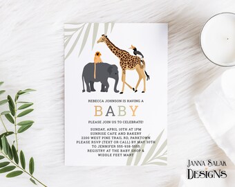 Modello di invito per baby shower Zoo Safari Jungle 5x7 Invito fai da te stampabile modificabile ZO01