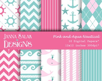 Pink and Aqua Nautical Patterns Anchor Rope Whale Digital Scrapbook Paper INSTANT DOWNLOAD - 10 jpg files 12x12