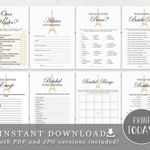 Paris Bridal Shower Games Package - 8 Printable Games - White Gold and Black DIY INSTANT DOWNLOAD Pdf PA01