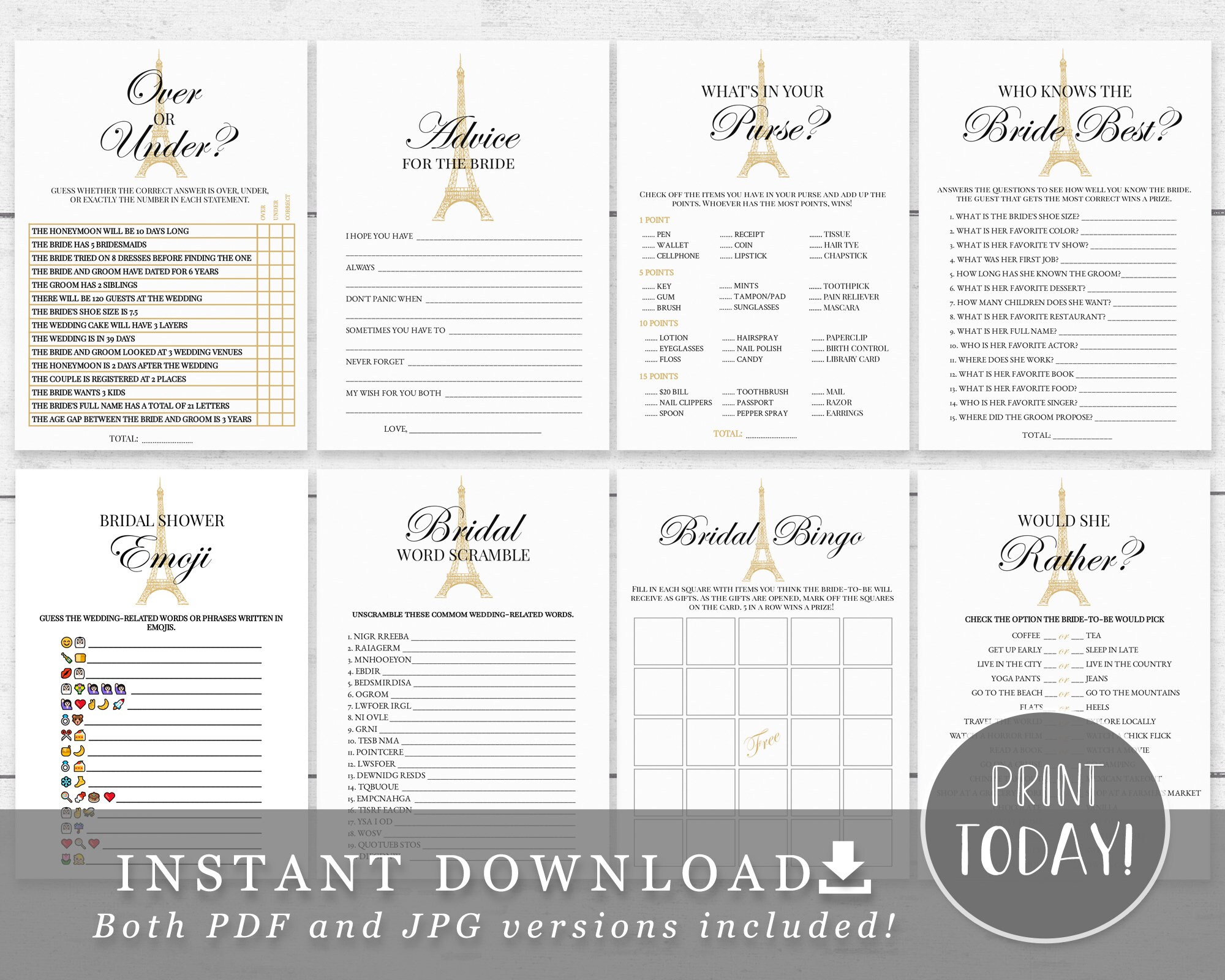 Paris Bridal Shower Games Package 8 Printable Games White | Etsy