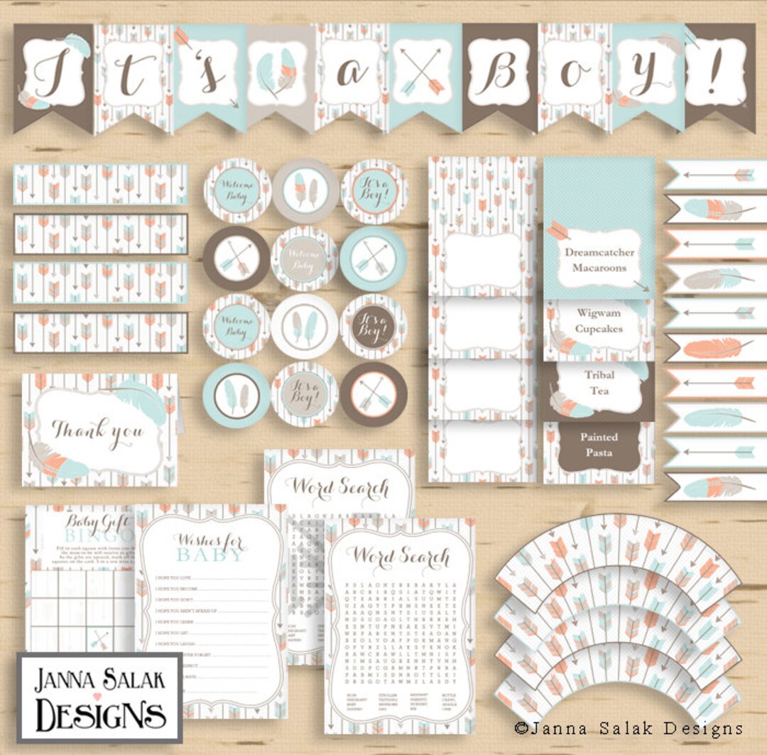 Tribal Boy Baby Shower PRINTABLE Party Package Boho Arrows and Feathers ...