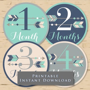 Tribal Month Stickers INSTANT DOWNLOAD PRINTABLE Pdf Diy - Blue Teal Gray  Arrow Boy Milestone Growth Monthly Baby Stickers or Iron-on TR005