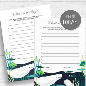 What&#39;s In The Bag? Game Printable -  Beluga Whale Baby Shower INSTANT DOWNLOAD BL01