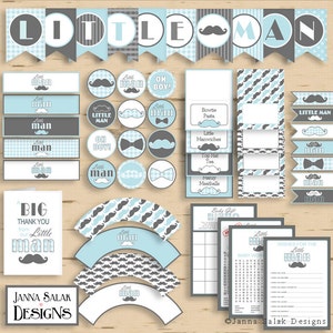 May include: Printable party decorations for a baby shower. The decorations feature a blue and gray color scheme with a mustache and bowtie design. The text "Little Man" is repeated throughout the decorations.