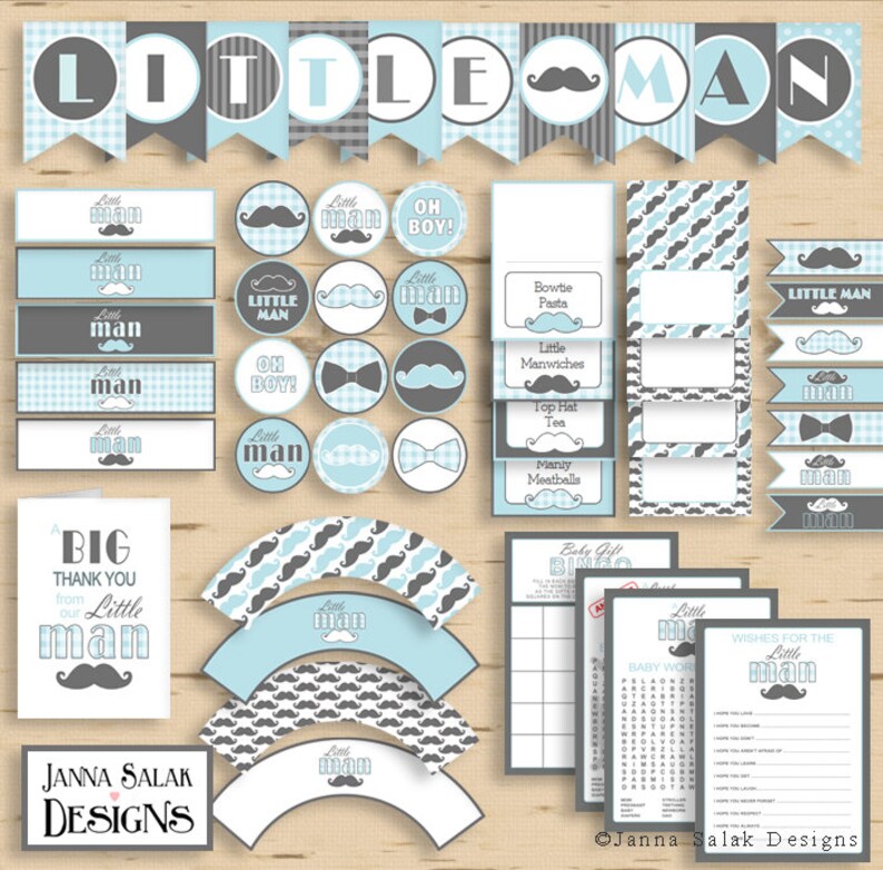 May include: Printable party decorations for a baby shower. The decorations feature a blue and gray color scheme with a mustache and bowtie design. The text "Little Man" is repeated throughout the decorations.
