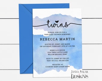 Twins Baby Shower Watercolor Invitation Blue Boy 5x7 Invite DIY Printable with Editable Text WC01