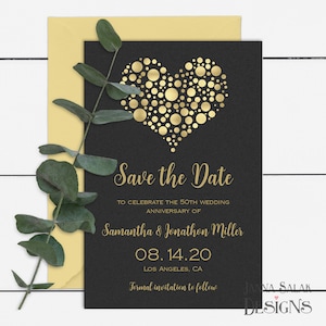 Plantilla de invitación para guardar la fecha del aniversario de bodas del corazón dorado 4x6 Digital 50.a invitación DIY imprimible con texto editable