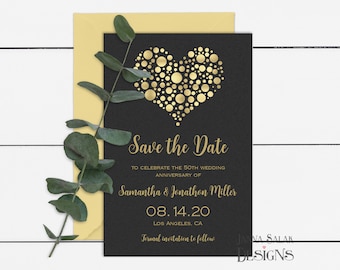 May include: Black save the date card with a gold heart made of circles. The text reads "Save the Date" to celebrate the 50th wedding anniversary of Samantha & Jonathon Miller, 08.14.20, Los Angeles, CA. Formal invitation to follow.