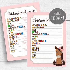 Horse Baby Book Emoji Pictionary Game Printable - Baby Shower Girl Pink INSTANT DOWNLOAD HR01