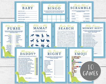 Dinosaur Baby Shower Game Package Printable - 10 Games - Dino Blue and Green - INSTANT DOWNLOAD DN01