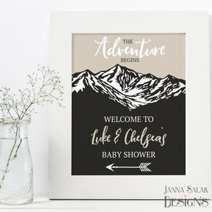 L&#39;Avventura Inizia Segno di Benvenuto Modello Baby Shower Freccia Marrone Chiaro e Nera 8x10 Fai da Te Stampabile con Testo Modificabile AD02