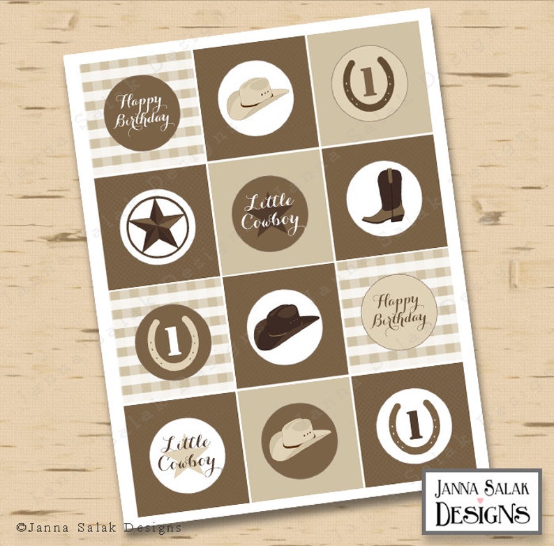 Cowboy First Birthday Cupcake Toppers Party Printable Brown Etsy