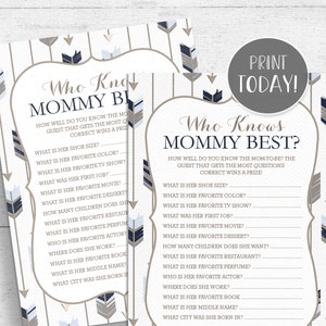 Tribal Who Knows Mommy Best? Game Printable - Boho Arrows Blue and Gray Baby Shower INSTANT DOWNLOAD TR006