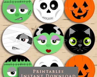 Süße Halloween Gesichter Printable Cupcake Toppers 2 "Runde Party Dekor Tags DIY SOFORTIGER DOWNLOAD