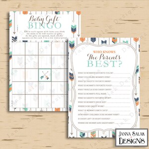 Tribal Baby Shower Games - Who Knows the Parents and Baby Bingo - Boho Arrows Feathers Boy Navy Orange Green DIY INSTANT DOWNLOAD Pdf TR003