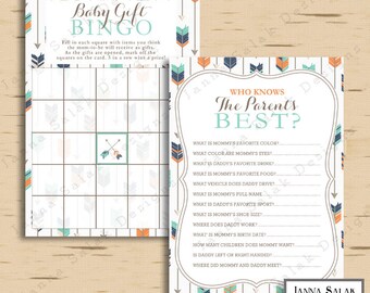 Tribal Baby Shower Games - Who Knows the Parents and Baby Bingo - Boho Arrows Feathers Boy Navy Orange Green DIY INSTANT DOWNLOAD Pdf TR003