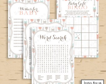 Tribal GIRL Baby Shower Games Activities Package Boho Arrows and Feathers Diy INSTANT DOWNLOAD Pdf TR001