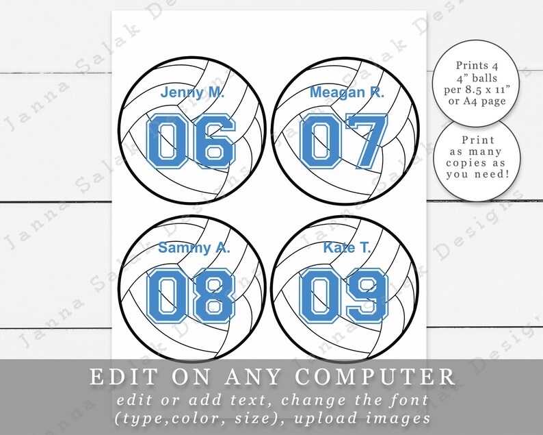 4 Volleyball Tags Toppers With Editable Names and - Etsy