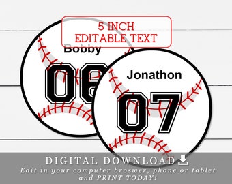 Plantilla DIY de pelotas de béisbol de 5" con nombres y números editables imprimible