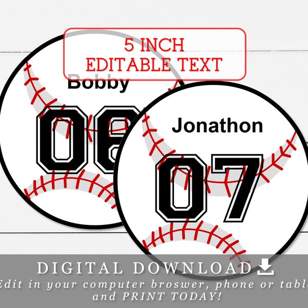 5" Baseballs With Editable Names and Numbers DIY Template Printable