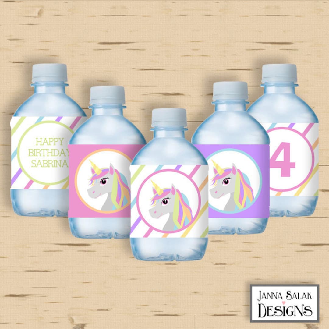 Unicorn Printable Water Bottle Wrappers Editable Text Rainbow - Etsy
