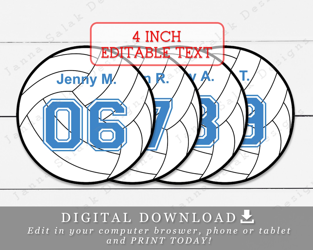 4" Volleyball Tags Toppers With Editable Names and Numbers DIY Template ...