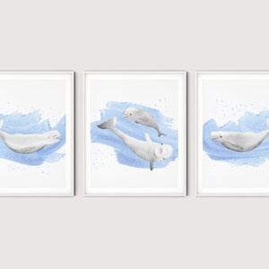 Set di 3 stampe per cameretta dei bambini &quot;Beluga Blue Wave&quot; con balene Beluga in acquerello, stampabili, per camera da letto e bagno, BEPR01