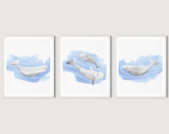 Beluga Blue Wave Nursery Prints Set de 3 Aquarelle Imprimable Belugas Whale Posters Kids Bedroom Bathroom Art BEPR01