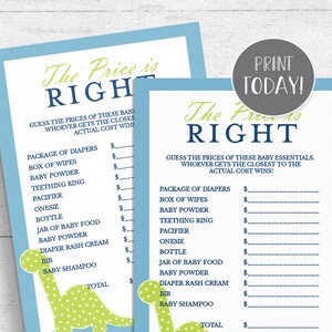 Dinosaur Baby Shower The Price Is Right Game Printable - Dino Blue and Green INSTANT DOWNLOAD DN01