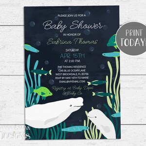 Beluga Baby Shower Einladung Vorlage 5x7 Wal Invite DIY Printable mit bearbeitbarem Text BL01