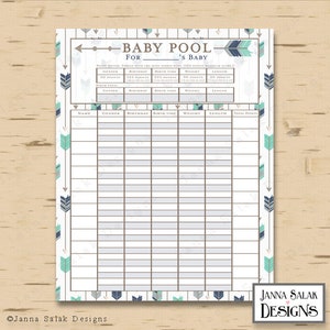 Printable Tribal Boho Baby Shower Baby Pool Game Predictions Boho Navy Grey Green 24&quot; x 30&quot; Poster TR005