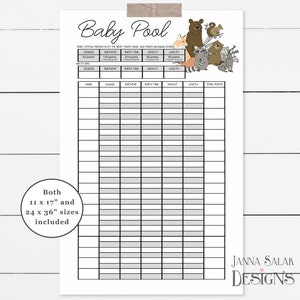 Juego de piscina para baby shower imprimible con predicciones de nacimiento de animales del bosque, póster de 11 x 17 pulgadas y 24 x 36 pulgadas, DESCARGA INMEDIATA WL01