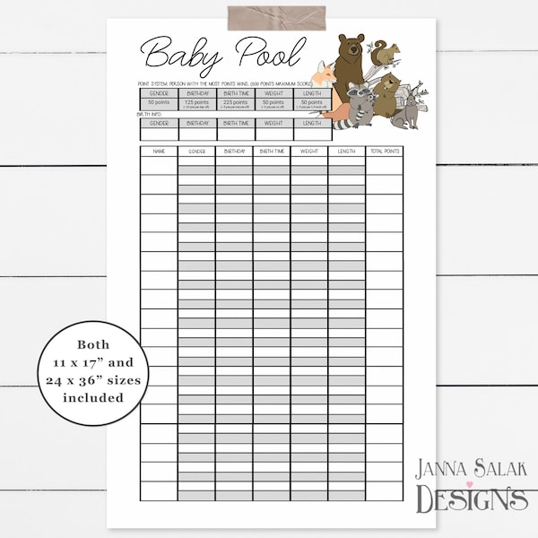 Printable Baby Shower Baby Pool Game Woodland Animals Birth Predictions 11" x 17" and 24" x 36" Poster INSTANT DOWNLOAD WL01