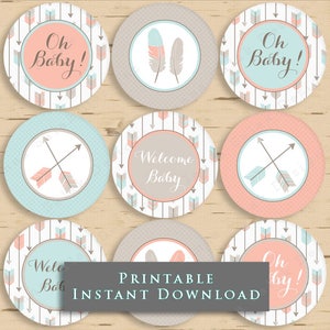Tribal Arrow Baby Shower Cupcake Toppers - Gender Neutral - Apricot Pink Grey and Blue DIY Printable INSTANT DOWNLOAD TR001
