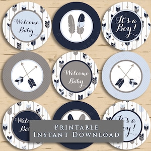 Tribal Arrow Baby Shower Cupcake Toppers Blue Gray DIY Printable INSTANT DOWNLOAD TR006