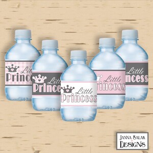 May include: Six clear plastic water bottles with labels that say "Little Princess" and "Little Prince". The labels are pink, gray, and white with a crown and heart design.