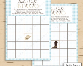 May include: Two baby shower bingo cards with a blue gingham border. The cards have a grid of squares with illustrations of a cowboy hat and boot. The text reads "Baby Gift Bingo" and instructions for play.