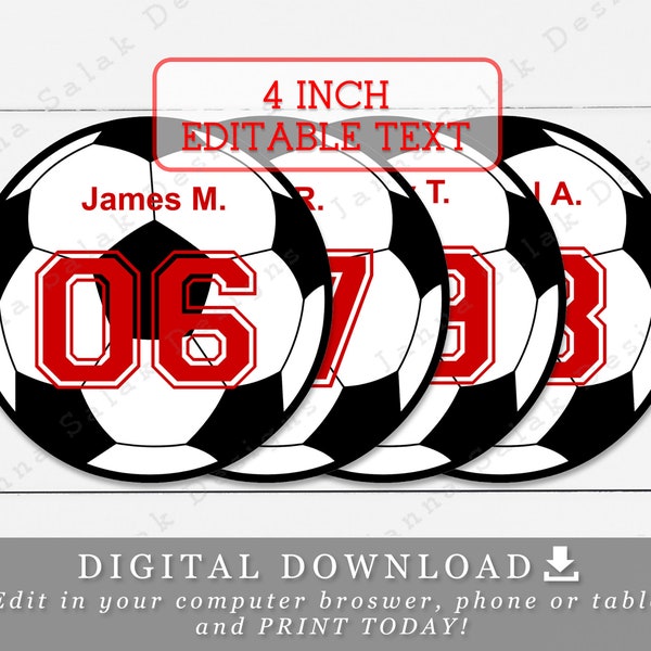 4" Soccer Balls With Editable Names and Numbers DIY Template Printable