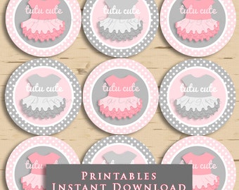 Tutu Lindo Cupcake Toppers Fiesta Imprimibles Rosa y Gris Lunares Baby Shower Cumpleaños DIY Imprimible DESCARGA INSTANTÁNEA