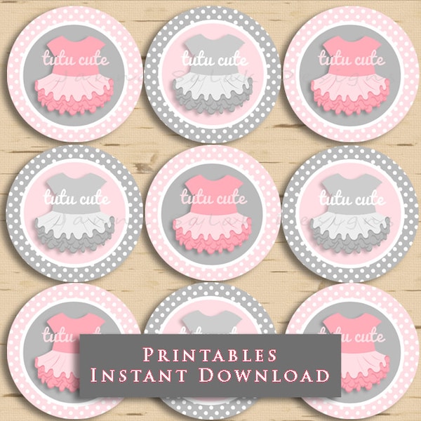 Tutu Cute Cupcake Toppers Party Printables Pink and Gray Polka Dot Baby Shower Birthday DIY Printable INSTANT DOWNLOAD