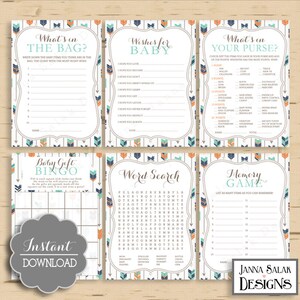 Tribal Baby Shower 6 Games Package Boho Arrows and Feathers Boy Navy Orange Green DIY INSTANT DOWNLOAD Pdf TR003