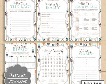 Tribal Baby Shower 6 Games Package Boho Arrows and Feathers Boy Navy Orange Green DIY INSTANT DOWNLOAD Pdf TR003