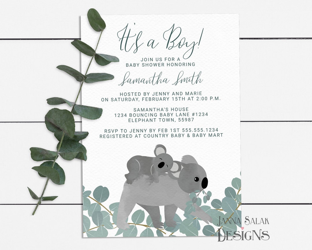 Koala Bear Baby Shower Invitation Template Boy Neutral 5x7 Invite DIY ...
