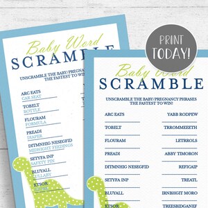 Dinosaur Baby Shower Word Scramble Game Printable - Dino Blue and Green INSTANT DOWNLOAD DN01