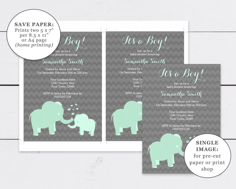 Printable Elephant Baby Shower Invitation Template Mint and Etsy