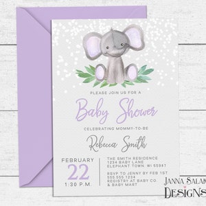 Elefante Baby Shower Invitación Plantilla Linda Acuarela Púrpura y Gris 5x7 Invitación Imprimible DIY EL05