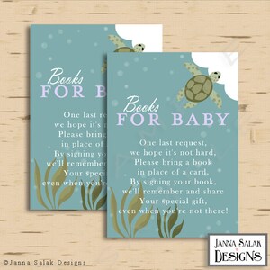 May include: Two light blue cards with a sea turtle illustration and the text "Books for Baby". The text on the cards requests guests to bring a book instead of a card to the baby shower.