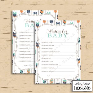 Tribal Baby Shower Game Wishes For Baby Activity Arrows Feathers Boy Navy Orange Green DIY INSTANT DOWNLOAD Pdf TR003