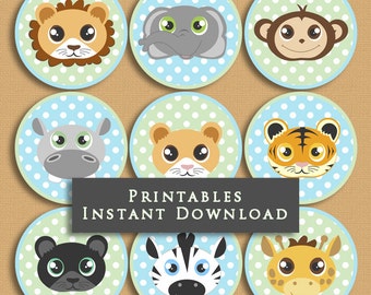 Green and Blue Baby Jungle Animals Printable Cupcake Toppers Baby Shower or Birthday DIY Printable INSTANT DOWNLOAD